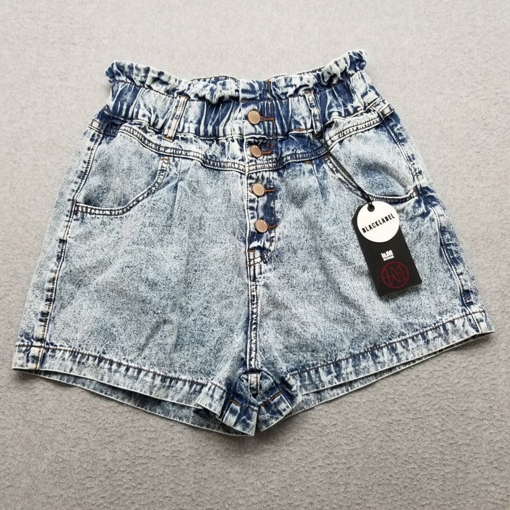 L&M Denim Shorts Womens Large Blue Acid Wash‎ Elastic Waist Pockets Cotton